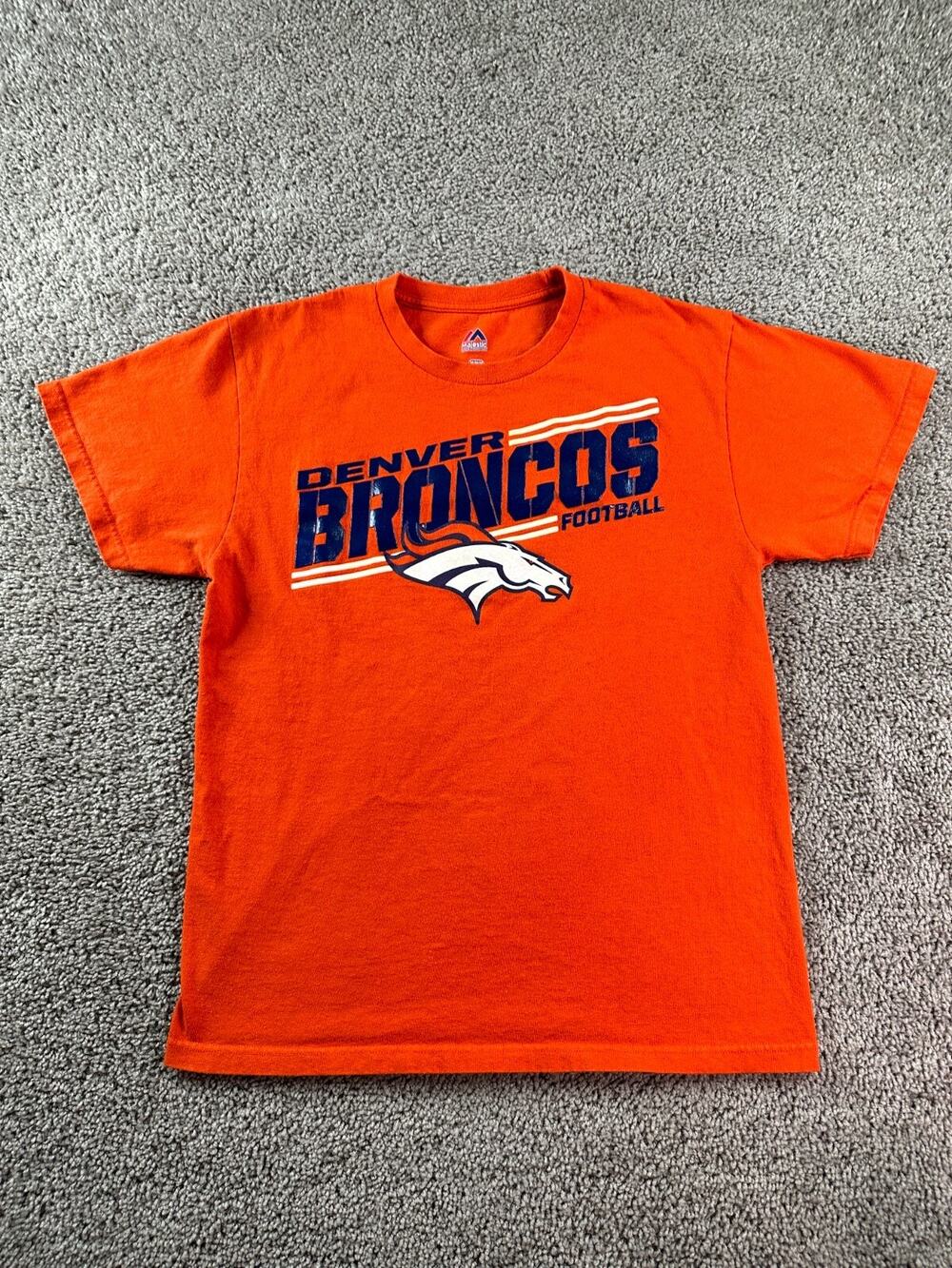 Denver Broncos Shirt Mens Medium Orange Blue NFL Football Short Sleeve Majestic